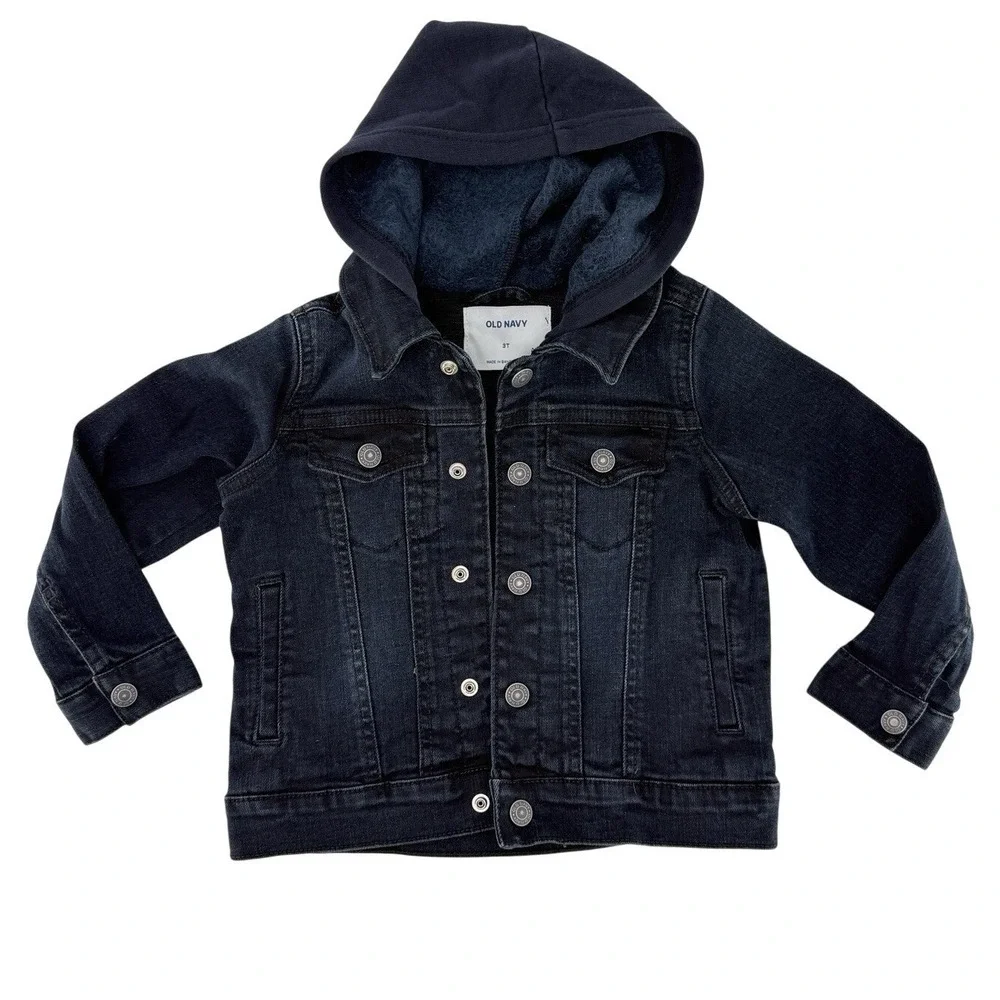 Old Navy Toddler Boys Navy Blue‎ Hooded Denim Jacket Coat Sz 3T Grunge Hipster